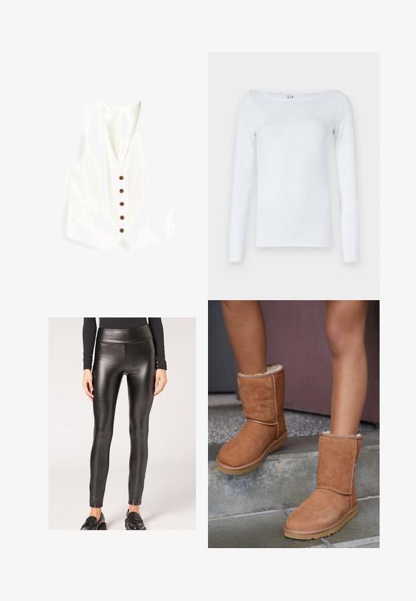 Chaleco de lino blanco con escote en V, que cuenta con seis botones marrones y dos bolsillos laterales. Textura suave y corte entallado.; Camisa blanca de manga larga hecha de una mezcla de algodón, con un escote en forma de barco y un diseño ajustado. Sin patrones ni acentos visibles.; Leggings de poliéster negro de imitación cuero con una textura suave y un diseño ajustado, que presentan una silueta elegante y un detalle mínimo.; Botas de tobillo de ante marrón con punta redonda, forro suave y suela de goma, con detalles de costura visibles a lo largo de las costuras.