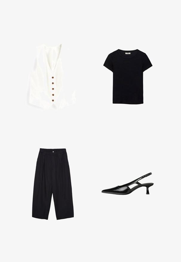 Witte linnen vest met een V-hals, voorzien van zes bruine knopen en twee zijzakken. Gladde textuur en een slim-fit.; Zwarte t-shirt met korte mouwen van zachte stof. Heeft een klassieke ronde halslijn en een ontspannen pasvorm. Geen patronen of accenten zichtbaar.; Zwarte polyester culottes met een elastische tailleband, twee voorkreukels en een losse pasvorm. Geen zichtbare patronen of hardware-details.; Zwarte gepatineerde leren slingback hakken met een puntige neus, uitsparing aan de zijkant en een kleine vierkante hak. Gladde textuur met minimale accenten.