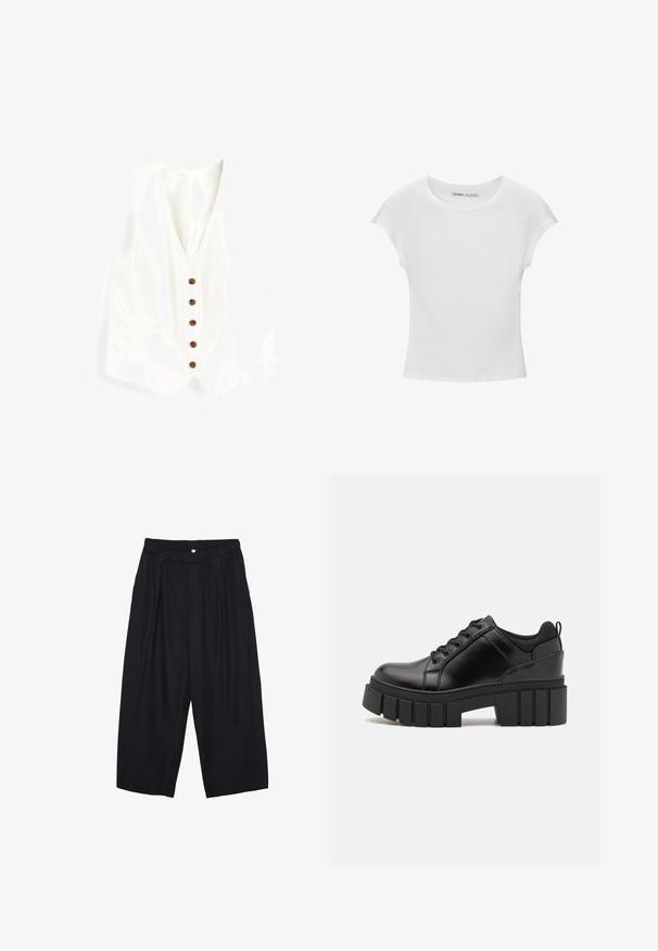 Gilet bianco in lino con scollatura a V, dotato di sei bottoni marroni e due tasche laterali. Tessuto morbido e vestibilità su misura.; T-shirt bianco in cotone con scollatura rotonda, maniche a cappuccio e design aderente. Tessuto liscio senza motivi o decorazioni.; Pantaloni culotte neri in poliestere con una cintura elastica, due pieghe frontali e una silhouette ampia. Nessun motivo visibile o dettagli in metallo.; Scarpe platform in pelle nera con tacco a blocco robusto, punta rotonda e design tradizionale con lacci. Presentano una superficie liscia e dettagli minimi.