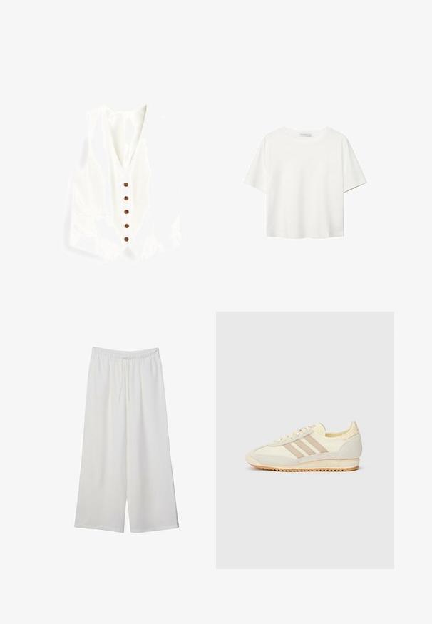 Bijela lanena prsluk s V-izrezom, sadrži šest smeškastih dugmadi i dva bočna džepa. Glatka tekstura i prilagođen kroj.; Bijela majica kratkih rukava od pamuka. Ima okrugli izrez i opušteni kroj. Glatka tekstura bez vidljivih uzoraka ili naglasaka.; Bijele hlače širokog kroja izrađene od lagane tkanine, s elastičnim pojasom i vezicom za prilagodljivu veličinu. Glatka tekstura.; Kremaste atletske tenisice s tri bež pruge, od nubuk kožne i tekstilne tkanine, s teksturiranim potplatom i utisnutim brendiranjem na peti.