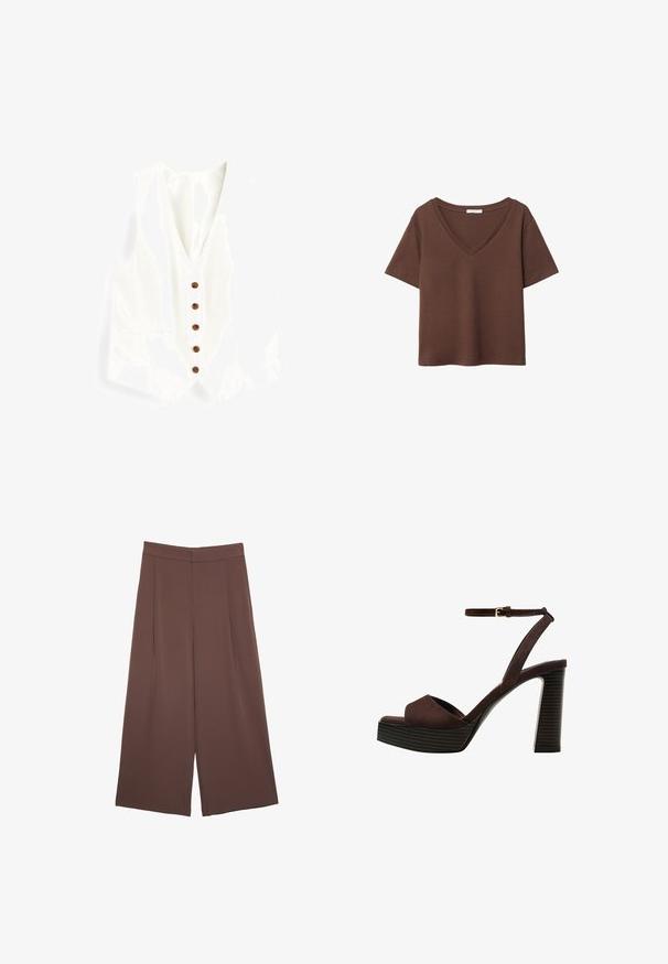 Valkoinen pellavapaita V-pääntiellä, jossa on kuusi ruskeaa nappia ja kaksi sivutaskua. Sujuva rakenne ja istuva muotoilu.; Ruskea puuvillapaita, jossa on lyhyet hihat ja syvä V-kaula-aukko. Yksinkertainen muotoilu, pehmeä rakenne ja suora helma. Ei kuvioita tai yksityiskohtia.; Ruskeat leveälahkeiset housut, joissa on sileä pinta, korkea vyötärö ja etupleat. Kangas on kevyttä ja laskeutuu väljänä.; Ruske kožne sandale s visokom potpeticom, otvorenim prstima, podesivim kopčanjem oko gležnja i prugastim platformskim đonom.