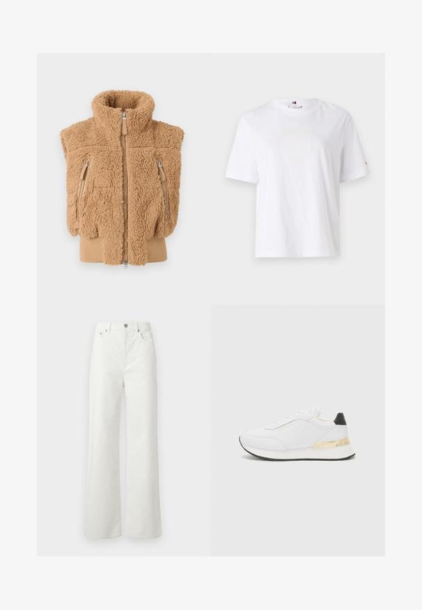 Svetlo smeškom krzneni prsluk s visokim ovratnikom, prednjim patentnim zatvaračem i dva bočna džepa sa patentnim zatvaračem. Mekana tekstura i rebrasti rub na dnu.; Bijela pamučna majica s okruglim izrezom, kratkim rukavima i suptilnim žutim logotipom koji glasi "HILFIGER NEW YORK 1985." Standardni kroj.; Samsøe Samsøe SHELLY - Traperice opuštenog kroja - clear cream; Bijele tenisice s glatkom obradom, koje imaju crni akcent na peti i zlatni metalni detalj na srednjem dijelu. Dizajn sa vezicama, gumeni potplat.