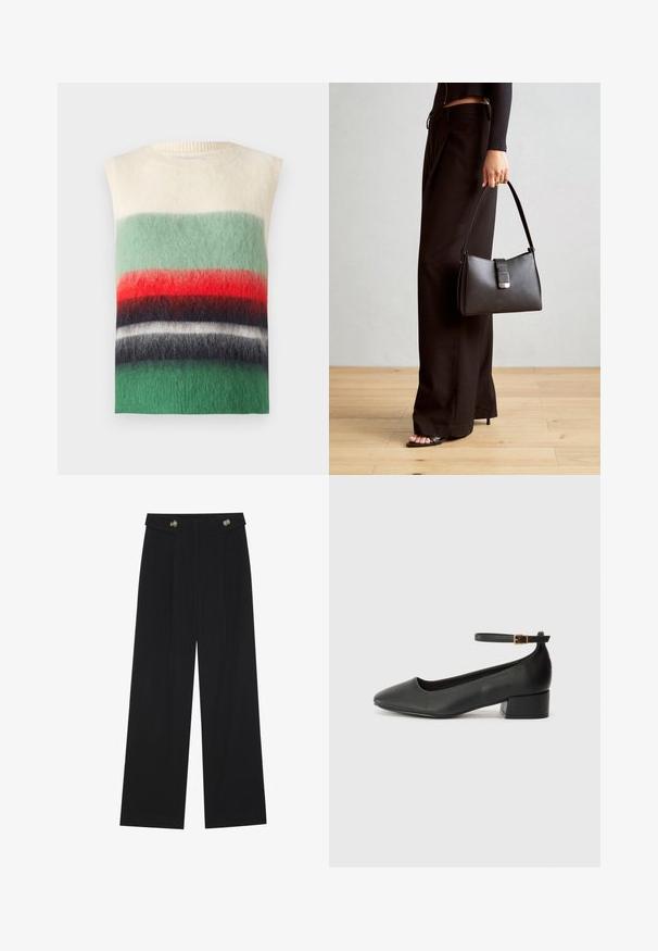 Pulover din lână fără mâneci, cu dungi în nuanțe de crem, verde, roșu, negru și alb. Textură moale, cu un guler ribit.; Tricou negru cu textură ribbed, guler rotund cu margine albă zimțată și mâneci scurte cu detalii zimțate asortate.; Pantaloni negri cu picioare largi, talie înaltă, detalii cu butoane pe talie și pliseuri în față.; Pantof cu toc negru din piele, cu vârf ascuțit și toc mic pătrat. Dispune de o curea la gleznă cu o cataramă în tonuri de aur. Textură netedă.; Genți negre cu o formă structurată, textură netedă și un închizător metalic. Asortată cu pantaloni negri largi și sandale cu vârf deschis pe un podea din lemn.