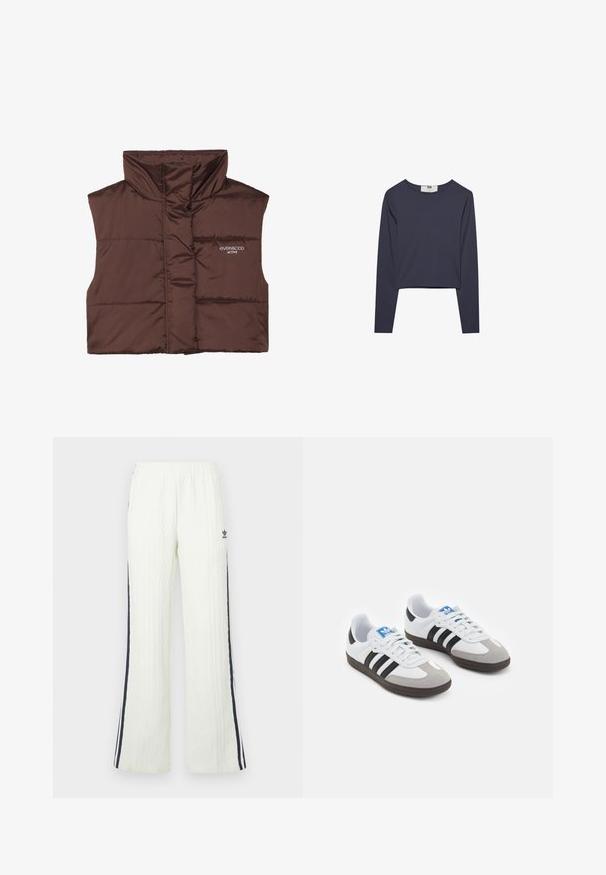 Bruine gewatteerde mouwloze vest met hoge kraag, voorzien van een rits aan de voorkant en een ingenaaide logo-detail aan de linkerkant. Gladde, glanzende textuur.; Langarm crop top in donker marineblauw, gemaakt van lichtgewicht stof, met een ronde halslijn en een gladde, gelijkmatige textuur.; Lichtcrèmekleurige, kabelgebreide broek met een uitlopende pasvorm. Voorzien van donkerblauwe zijstrepen en een Adidas-logo op de heup. Elastische tailleband.; Sportschoenen met een witte leren bovenkant, grijze suède neus en drie zwarte strepen. Bevat een blauw logo op de tong en een gestructureerde rubberen zool.
