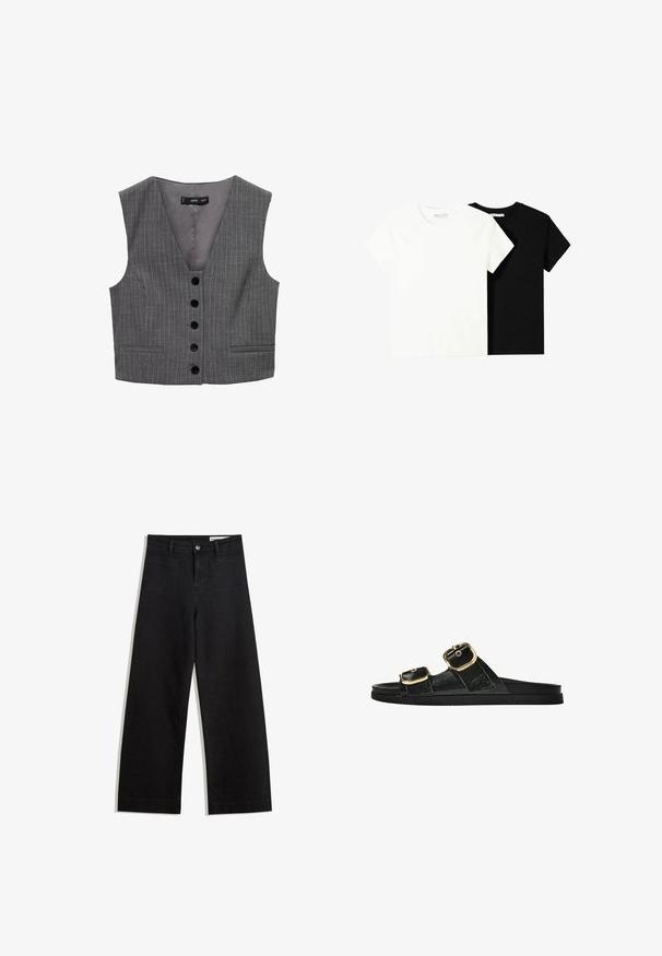 Mango Weste - grey; Zwei kurzärmelige T-Shirts, eines weiß und eines schwarz, aus Baumwolle. Beide haben einen runden Halsausschnitt und ein einfaches, klassisches Design.; Schwarze weit geschnittene Jeans mit hoher Taille, ausgestattet mit Vorder- und Hintertaschen, gesteppten Nähten und einem Knopfverschluss. Glatte Textur.; Schwarze Riemensandale mit zwei goldenen Schnallendetails, glattem Material, flachem Sohlen und minimalistischer Gestaltung.