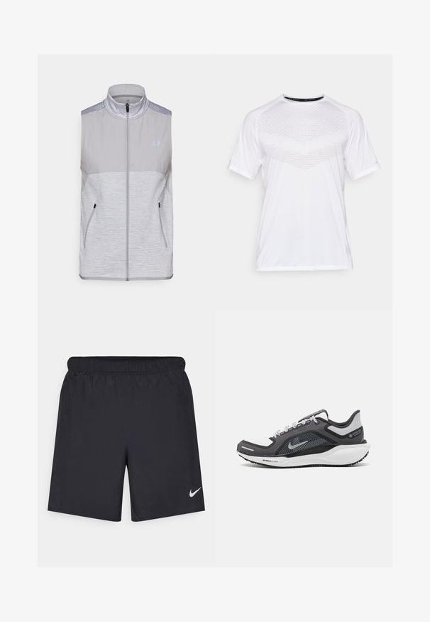 Siv sleeveless jopica iz lahkega materiala. Ima visok ovratnik, polni sprednji zadrgo in dva stranska žepa. Teksture ramenskih detajlov.; Bela kratka športna majica s kratkimi rokavi z teksturno geometrijsko vzorcem spredaj, izdelana iz lahke tkanine, krožnim ovratnikom in sproščenim prilegom.; Črne atletske kratke hlače iz lahkotnega materiala z elastičnim pasom. Imajo majhen bel Nike logo na spodnji levi strani.; Črne in sive atletske čevlje z mrežasto zgornjim delom, odsevnimi detajli in belim srednjim podplatom. Imajo strukturiran gumijast podplat in vezalke.