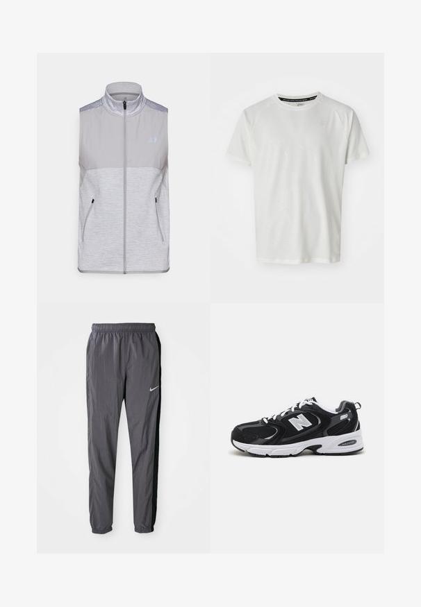 Szürke ujjatlan mellény, könnyű anyagból készült. Magas gallérral, teljes hosszúságú cipzárral és két oldalsó zsebbel rendelkezik. Texturált vállrész kiemelésekkel.; ASICS GAME - Basic póló - cream; Nike melegítőnadrág, könnyű anyagból készült, sötétszürke színben, fekete oldalsó panelek mellett. Jellemzője a rugalmas derékbőség és a fényvisszaverő logó.; Fekete és szürke sportcipők hálós és velúr felsőrésszel, fehér középtalppal, fűzős megoldással és egy merész "N" logóval az oldalon.