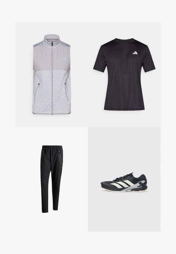 Hallita must vest, mis on valmistatud kergetest kangast. Omab kõrget kraed, täispikkust tõmblukku ja kahte küljetaskut. Tekstuuriga õlavarre aktsendid.; Must spordisärk, mis on valmistatud kerge võrgukangast, lühikeste varrukatega ja vasakul rinnal valge logoga.; Mustavad spordipüksid elastse vöökoha, kahe tõmblukuga küljetasku, kitsenevate säärete ning õrna logodetailiga puusadel.; Mustad sportlik jalanõud mustade värvidega, valgete triipudega, võrgusilma pealmine osa, ümar varvas ja pehme tallaga. Omab tekstureeritud kontsa ja kindlat paeltesüsteemi.