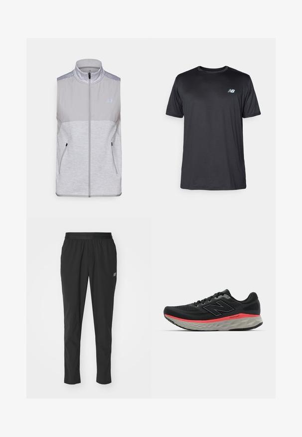 Graham farbener ärmelloser Weste aus leichtem Stoff. Mit hohem Kragen, durchgehendem Reißverschluss und zwei seitlichen Taschen. Strukturierten Schulterakzenten.; New Balance Sport T-Shirt - black; Schwarze Sporthosen aus leichtem Material mit elastischem Bund, schmalem Schnitt und dezentem Logodetail an der Seite.; Schwarzer Laufschuh mit Obermaterial aus Mesh, akzentuiert durch einen rosa Mittelsohlenstreifen und grauen Außensohle. Verfügt über strukturierte Details und ein flexibles Sohlen-Design.