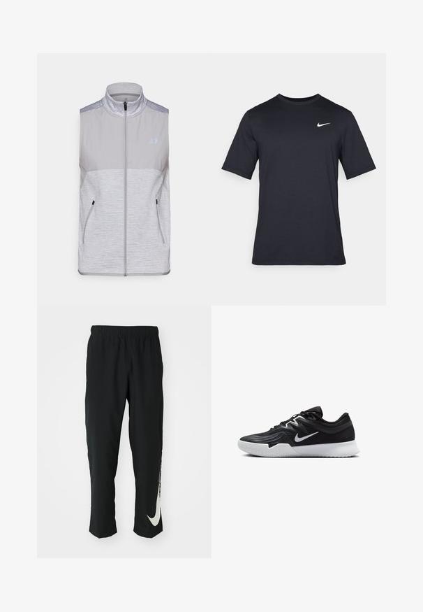 Grå ärmeløs vest laget av lett materiale. Har høy krage, full frontglidelås og to sidelommer. Teksturert skuldersøm.; Svart kortermet Nike t-skjorte laget av glatt stoff, med en hvit swoosh-logo på øvre venstre side, rund hals.; Svarte treningbukser med elastisk midje, smalere design, med en stor hvit Nike-logo på venstre bein. Myk, lett stoff.; Svart treningssko med teksturert overdel, hvit Nike-swoosh og hvit gummisåle. Har snøring og en dynamisk form.