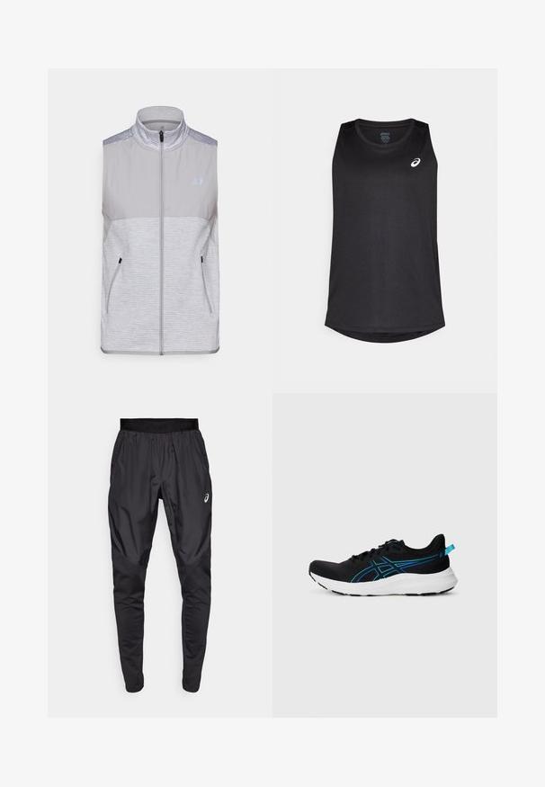 Hallita must vest, mis on valmistatud kergetest kangast. Omab kõrget kraed, täispikkust tõmblukku ja kahte küljetaskut. Tekstuuriga õlavarre aktsendid.; Must have must be sleek ja kerge kangas must shirt, millel on ümardatud allserv ja valge logo vasakul ees.; Mustavad sportlikud püksid veniva vöökohaga, küljetaskud ja kontrastsed tekstuuripaneelid jalgadel. Asicsi logo puusal.; Must värvi sportlik king, millel on hingav võrkkate, sinised aktsendid, pehme valge tald ja tekstureeritud pind haardes. Omab paelu ja kandmist tõukavat lingi.