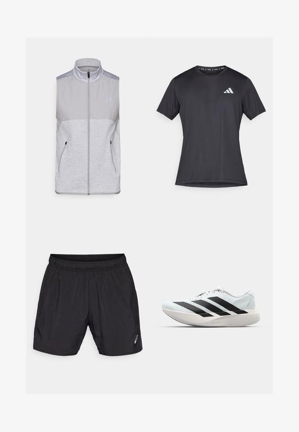 Szary bezrękawnik z lekkiego materiału. Posiada wysoki kołnierz, pełny zamek z przodu i dwie boczne kieszenie. Teksturowane akcenty na ramionach.; Czarny sportowy T-shirt, krótki rękaw, okrągły dekolt, wykonany z lekkiego materiału. Na przodzie znajduje się odblaskowe logo Adidas.; Czarne spodenki sportowe wykonane z lekkiego materiału, z elastycznym pasem i małym logo po lewej stronie u dołu.; Lekkie buty do biegania w jasnoniebieskim kolorze z czarnymi pasami. Posiadają gładką cholewkę, okrągły nosek oraz grubą białą podeszwę środkową oznaczoną "LIGHTSTRIKE PRO."