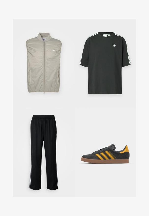 Světle šedá bezrukávová vesta vyrobená z hladkého, polstrovaného materiálu s vysokým límcem, předním zipem a logem na hrudi. Má boční kapsy.; Černé bavlněné tričko s krátkými rukávy, kulatým výstřihem a bílými třemi pruhy na ramenou. Na hrudi je malá bílá logo.; Černé sportovní kalhoty s elastickým pasem, s bílými bočními pruhy a malým logem. Materiál vypadá měkce a lehce.; Černé semišové tenisky se žlutými akcenty, vybavené třemi pruhy a hnědou gumovou podrážkou. Obsahují polstrovaný jazyk pro pohodlí.