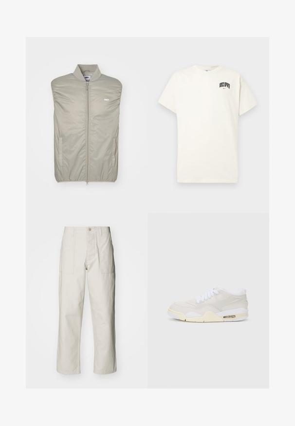 Colete sem mangas de tom cinza claro feito de material suave e acolchoado, com um colarinho alto, fecho frontal e logotipo no peito. Apresenta bolsos laterais.; T-shirt de algodão na cor creme com mangas curtas, apresentando "NIKE SB" em texto preto e vermelho no peito. Gola redonda padrão.; Calças largas em bege claro, feitas de algodão. Apresentam bolsos frontais e fecho com botão. Textura suave com linhas verticais subtis.; Sapatilhas com um cabedal sintético beije claro, atacadores brancos e amortecimento visível. Apresentam uma sola suave e detalhes discretos nas laterais.