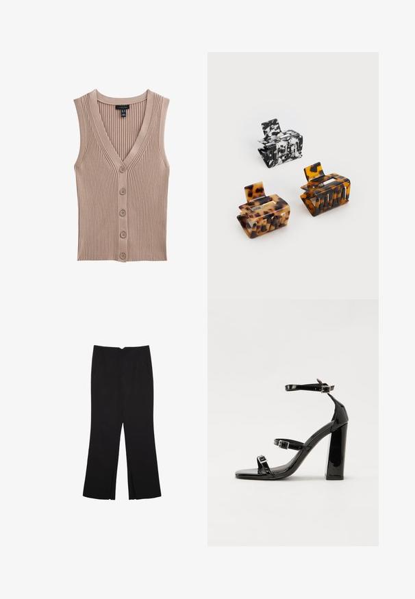 Haut en tricot sans manches de couleur brun clair avec un décolleté en V, une texture côtelée et cinq boutons à l'avant. Design simple, adapté pour le superposition.; Top court sans manches noir en tissu lisse, avec un col rond et un design épuré, simple, sans motifs ni accessoires.; Pantalon noir avec une coupe droite, doté de poches avant et d'éclairs sur l'ourlet. Fabriqué en tissu doux et lisse. Convient à diverses occasions.; Sandales à talons vernies noires avec un bout carré, des sangles autour de la cheville et des boucles en argent. Dotées d'un talon bloc épais pour plus de stabilité.; Trois pinces à cheveux : une marbrée noir et blanc, deux en écaille de tortue dans des nuances de marron et de noir, toutes en plastique brillant avec une finition texturée.