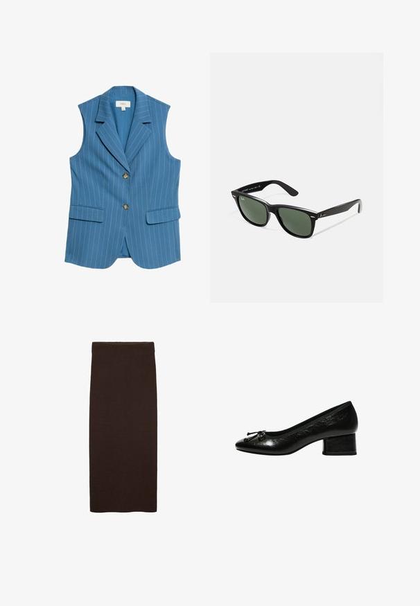 Hellblaues ärmelloses Blazer mit vertikalen weißen Streifen, Reverskragen, zwei Fronttaschen und zwei braunen Knöpfen auf der Vorderseite.; Langarmiges, weißes Rundhalsshirt mit einem "WEEKDAY"-Label im Kragen, auf einem hellgrauen Hintergrund flach ausgelegt.; Brauer Strick-Midi-Rock mit enganliegendem Schnitt, glatter Textur, ohne sichtbare Muster und einem schlichten, klaren Design ohne Verzierungen.; Schwarze Lacklederpumpe mit runder Zehenform, kleinem Blockabsatz und Schleifenakzent an der Vorderseite. Glatte Textur mit glänzendem Finish.; Schwarze Plastiksonnenbrille mit grünen Gläsern, quadratischen Rahmen, silbernem Akzent auf der Augenbraue und strukturierten Bügeln. Angegebene Marke auf dem inneren Bügel.; DRAGON DIFFUSION MINI FLAT GORA - Handtasche - dark brown