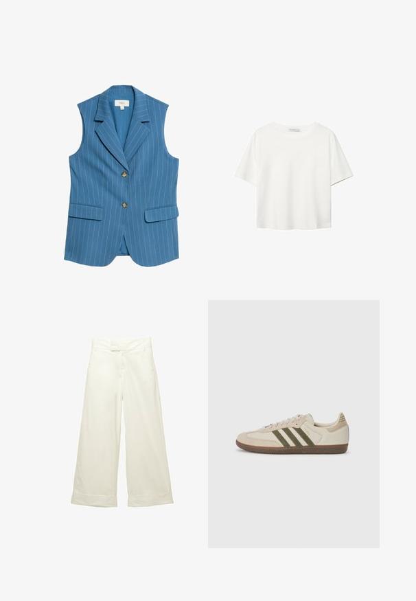 Hellblaues ärmelloses Blazer mit vertikalen weißen Streifen, Reverskragen, zwei Fronttaschen und zwei braunen Knöpfen auf der Vorderseite.; Weißes T-Shirt mit kurzen Ärmeln aus Baumwolle. Hat einen Rundhalsausschnitt und eine lockere Passform. Glatte Textur ohne sichtbare Muster oder Akzente.; Weit geschnittene Hose aus weichem, cremefarbenem Stoff. Mit flachem Bund und aufgeschlagenen Säumen. Glatte Textur mit einem klaren, minimalistischen Design.; adidas Originals SAMBA OG UNISEX - Sneaker low - alumina/medium dark khaki/gum
