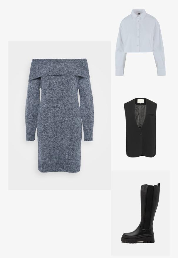 Juodas liemenė su V formos iškirpte, vienu priekyje esančiu mygtuku ir krūtinės kišene. Viduje yra dryžuota pamušalas, elegantiškas, nesukurtas dizainas.; Trumpalaikė balta marškiniai su koja apykakle, ilgomis rankovėmis ir lygiu paviršiumi. Yra priekinis užsegimas su atitinkamomis mygtukais.; Megzta suknelė tamsiai pilkos spalvos, su iškirpte per pečius, ilgomis rankovėmis ir tekstūruota raštu visame audinyje.; Juodi iki kelių batraiščiai, pagaminti iš lygaus odos, su elastingomis šoninėmis panelėmis, masyvi platforma ir grioveliais apačioje.