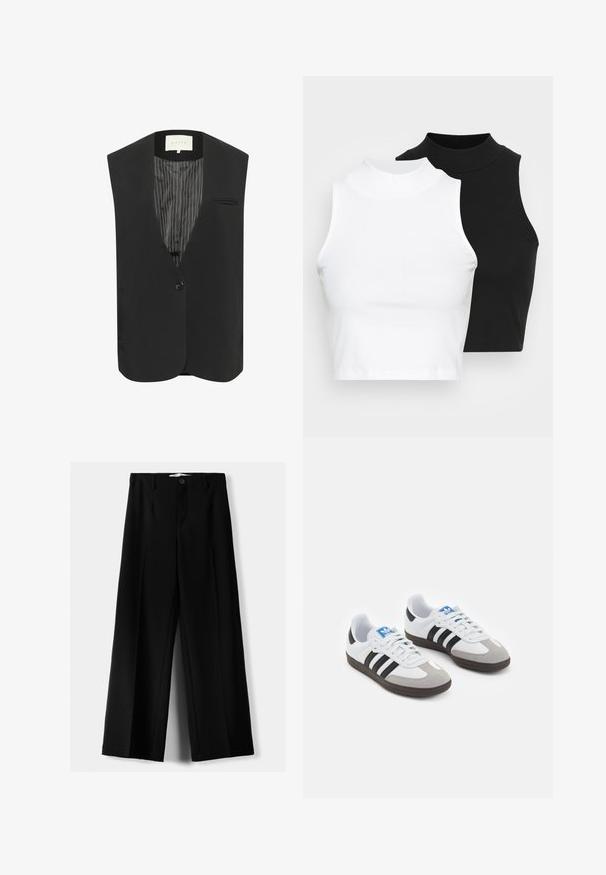 Czarna kamizelka z dekoltem w kształcie litery V, z pojedynczym zapięciem z przodu i kieszonką na piersi. Wewnątrz posiada paskowane podszewki, elegancki, nieustrukturyzowany design.; Dwa bezrękawnikowe golfy w kolorze czarnym i białym, charakteryzujące się dopasowanym fasonem i gładką teksturą, o skróconej długości.; Czarne spodnie szerokie, wykonane z lekkiego materiału, z zapięciem na guzik z przodu i gładkim przodem, z starannie wykończonymi brzegami.; Buty sportowe z białą skórzaną cholewką, szarym zamszowym noskiem i trzema czarnymi paskami. Posiadają niebieskie logo na języku oraz teksturowaną gumową podeszwę.
