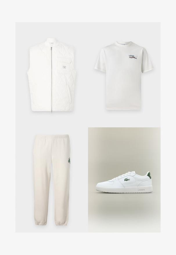 Colete branco acolchoado sem mangas com fecho de correr frontal e bolso no peito com um pequeno emblema da marca.; T-shirt de algodão branco com decote redondo, mangas curtas e um pequeno logótipo bordado apresentando montanhas e texto no lado esquerdo do peito.; Sweatpants beige claros feitos de algodão, com um cós elástico, punhos canelados e um logótipo verde com desenho de folha na perna esquerda.; Sapatilha de couro branca com um acabamento suave, detalhes verdes no calcanhar e um logótipo verde na lateral. Apresenta sola plana e bico redondo.