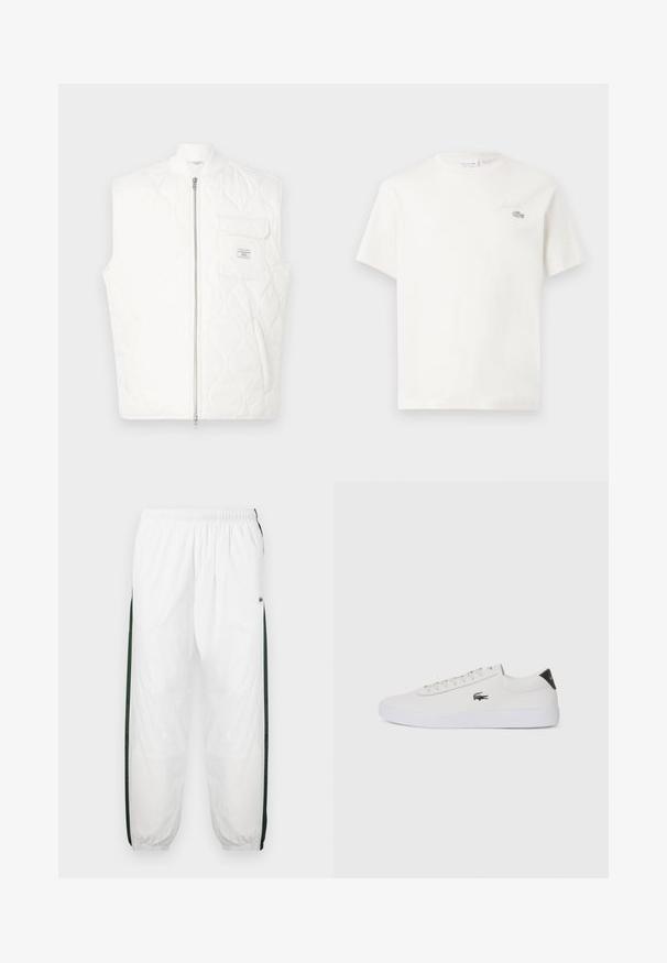 Valge tikandiga varrukateta vest esiotsas lukuga ja rinnataskuga, millel on väike brändi plaat.; Valge puuvillane T-särk lühikeste varrukatega, millel on diskreetne brodeeritud logo ja minimalistlik disain. Pehme tekstuur, ümar kaelusekujundus.; Valged sportpüksid tumeroheline külgpanelitega. Kerge materjal, elastne vöökoht ja mansetid. Külgpanelitel on võrkmuster.; Valge nahast tenniseking ümara ninaga, lukkude ja musta kontsa aktsendiga. Külgedel on väike broderi krokodilli logo.