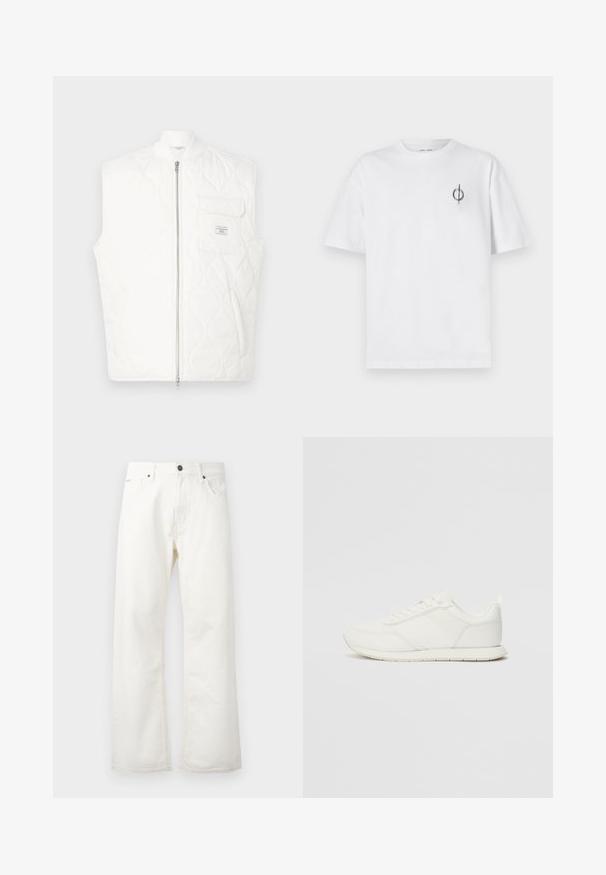 Balta dygsniuota liemenė be rankovių su priekiu užtrauktuku ir krūtinės kišene su mažu prekės ženklo lopu.; Balta medvilninė marškinė su laisvu siluetu, su mažą juodą grafiką logotipą kairėje krūtinės pusėje. Trumpomis rankovėmis, apvaliu kaklu.; Blausvos džinsai, plačiais galu, pagaminti iš džinsinio audinio, su standartine liemene, priekinėmis kišenėmis ir sagos uždarymu. Tekstūruotas audinys su švariu apdaila.; Balti sportbačiai su tinkline ir sintetine viršutine dalimi, apvaliu nosiu, plokščiomis raištelėmis ir tekstūruota šonine juosta. Guma, kurios padas su vilkimo kilpute gale.