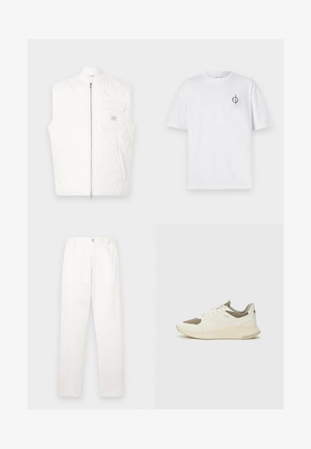 Bílá prošívaná vesta bez rukávů s předním zipem a kapsou na hrudi s malou značkovou nášivkou.; Bílý bavlněný tričko s volným střihem, které má malé černé grafické logo na levé straně hrudi. Krátké rukávy, kulatý výstřih.; Bílé kalhoty vyrobené z hladké tkaniny, s rovnými nohavicemi, předními sklady a jedním knoflíkem na zavírání v pase.; Bílé a světle béžové atletické tenisky, které mají síťovaný svršek, perforované detaily a texturovanou mezipodešev s logem na patě.