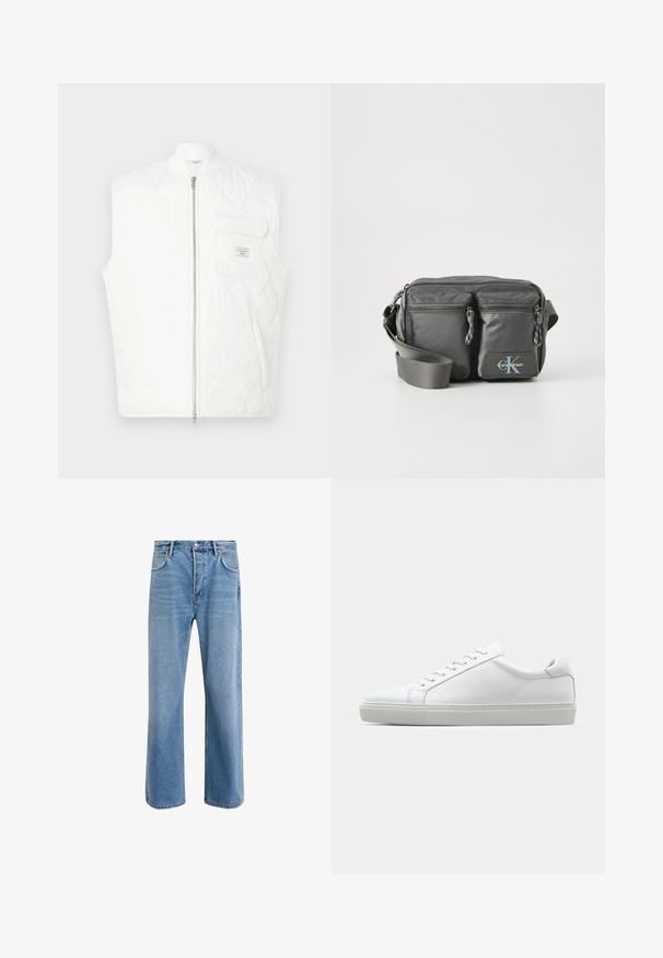 Biała pikowana kamizelka bez rękawów z przednim zamkiem błyskawicznym i kieszenią na piersi z małą naszywką marki.; Koszula z długim rękawem o stójce w jasnokremowym kolorze, wykonana z bawełny. Gładka tekstura, luźny krój, minimalistyczny design, bez widocznych wzorów i akcentów.; Jasnoniebieskie dżinsy o prostym kroju, pięć kieszeni, zapięcie na guzik, minimalne blaknięcia i kontrastowe wykończenia szwów.; Białe sneakersy z gładką skórzaną cholewką i niskim profilem. Posiadają okrągły nos, sześć dziurek na sznurówki oraz teksturowaną gumową podeszwę.; Szara nylonowa torba na ramię z dwoma zapinanymi na zamek przednimi kieszeniami, regulowanym paskiem i akcentem z logo. Gładka powierzchnia o nowoczesnym wzornictwie.