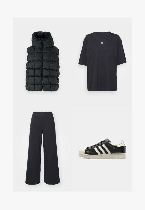 Colete puffer preto com capuz, apresentando um design acolchoado, fecho de correr e enchimento espesso para aquecer. Tecido suave e resistente à água.; T-shirt de algodão preto com mangas curtas, decote arredondado, apresenta um logótipo branco da Adidas no peito. Design simples, ajuste descontraído.; Calças de fato largas, pretas, feitas de tecido macio, com uma cintura elástica e um pequeno logótipo do lado esquerdo.; Sapatilha de couro preto com riscas brancas, biqueira de borracha, atacadores pretos e sola na cor creme. Textura suave com acabamento brilhante.