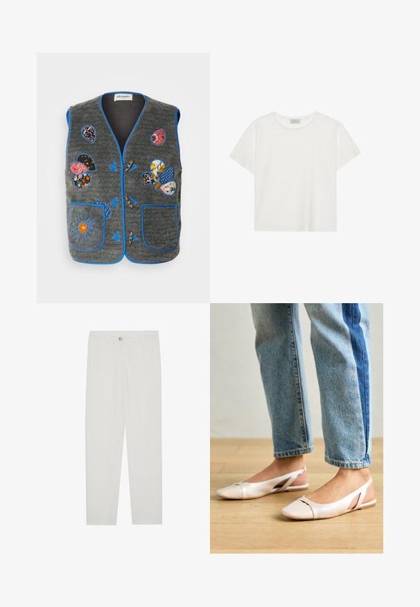 Chaleco de forro polar gris con ribete azul, parches decorativos en varios colores y patrones, y cierres de toggles de madera. Dos bolsillos frontales.; Camiseta blanca de manga corta hecha de suave algodón. Presenta un escote redondo y un corte relajado. Diseño limpio sin patrones o acentos visibles.; Pantalones blancos, ajustados, con un diseño de pierna recta, que cuentan con un cierre de botón, lazos para cinturón y bolsillos laterales; textura de tela suave.; Bailarinas de color rosa pálido con tiras traseras y punta puntiaguda, fabricadas con un material similar al cuero suave. Presentan detalles recortados en los laterales y un tacón plano.