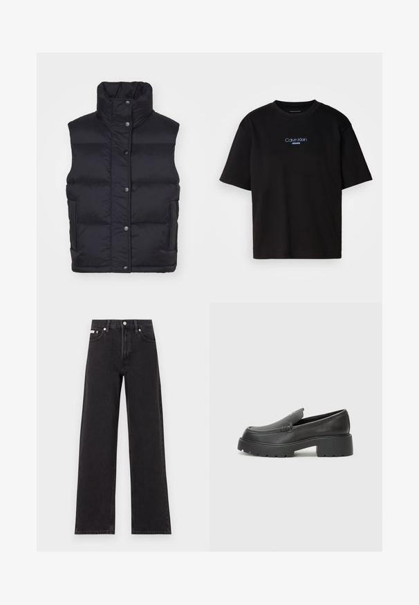 Juodas pūkinis liemenė su aukštu apykakle, priekyje užsegama sagtimis, su paminkštintomis dalimis ir šoninėmis kišenėmis. Lygus paviršius; nematomi raštai.; Juodas medvilnės marškinėliai su apykakle, trumpomis rankovėmis ir mėlynai siuvinėtu "Calvin Klein JEANS" logotipu priekyje.; Juodos plačios kojų džinsai, pagaminti iš džinsinio audinio, su aukštu liemeniu, penkių kišenių stiliumi ir metaline sagte su kontrastingo siuvimo detalėmis.; Juodi odiniai loaferiai su apvaliu pirštu, storu tekstūruotu padu ir minimaliu siūlių dekoru. Išskirtinis dizainas be matomų raištelių ar furnitūros.