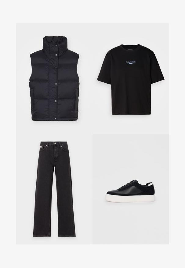 Juodas pūkinis liemenė su aukštu apykakle, priekyje užsegama sagtimis, su paminkštintomis dalimis ir šoninėmis kišenėmis. Lygus paviršius; nematomi raštai.; Juodas medvilnės marškinėliai su apykakle, trumpomis rankovėmis ir mėlynai siuvinėtu "Calvin Klein JEANS" logotipu priekyje.; Juodos plačios kojų džinsai, pagaminti iš džinsinio audinio, su aukštu liemeniu, penkių kišenių stiliumi ir metaline sagte su kontrastingo siuvimo detalėmis.; Juodi sportbačiai su lygiu oda ir zomšinėmis detalėmis, plokščiomis raišteliais, apvaliu walko ir balta guma iš baze. Išskirtinė logotipas ant kulno.