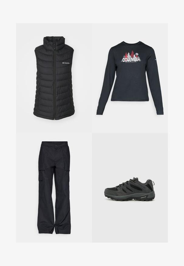 Musta eristetty puhviliivi, jossa on korkea kaulus, vetskari, sivutaskut ja tikattu muotoilu. Edessä Columbia-logo.; Tummanharmaa pitkähihaisen paidan graafinen kuva punaisista puista ja vuorista; "COLUMBIA" -logo lihavoituna valkoisella tekstillä. Pehmeä kangas, normaali pyöreä kaula-aukko.; Columbia BREA FALLS™ COTTON RIPSTOP PANT - Ulkohousut - black; Columbia REDMOND - Vaelluskengät - black/citron haze