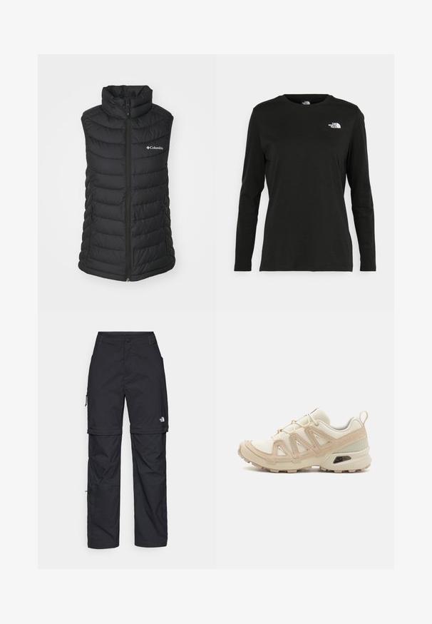 Juodas izoliacijos pūkinis liemenė su aukštu kaklu, užtrauktuku, šoninėmis kišenėmis ir siūlėtu dizainu. Priekyje yra Columbia logotipas.; Juodas ilgomis rankovėmis medvilninis marškinėliai su apvali apykakle. Savybė - mažas baltas logotipas kairėje krūtinės pusėje. Paprastas dizainas ir pritaikymas.; Juodos nailoninės krovinių kelnės su reguliuojamais rankovėmis, daugybe kišenių ir logo ant dešinės kojos. Lygi, lengva tekstūra.; Bežinės ir kreminės spalvos sportinės bateliai su tekstūruoto tinklelio viršutine dalimi, palaikančiomis detalėmis ir guminiais padais, turinčiais raštą, užtikrinantį sukibimą.