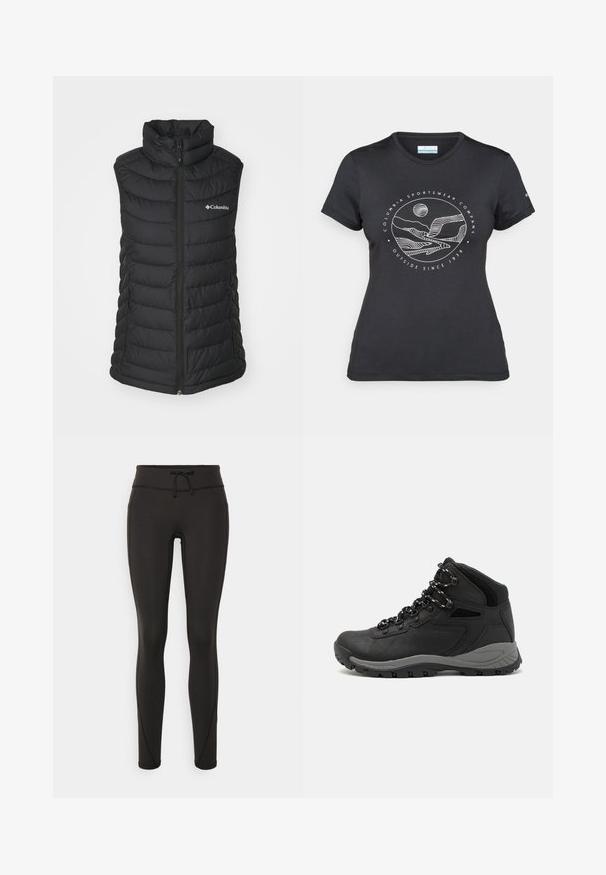 Czarna, ocieplana kamizelka puchowa z wysokim kołnierzem, zamkiem błyskawicznym, kieszeniami po bokach oraz pikowanym wzorem. Zawiera logo Columbia na przodzie.; Czarny t-shirt Columbia z białą okrągłą grafiką gór i rzeki oraz napisem "Columbia Sportswear Company Outside Since 1938."; Czarne legginsy z wysokim stanem, sznurkiem do regulacji, gładką teksturą i dopasowanym krojem. Posiadają detale w postaci przeszyć po bokach.; Czarne buty trekkingowe z średnim cholewem, z teksturowaną cholewą, szarymi akcentami oraz trwałą gumową podeszwą z wypustkami zapewniającymi przyczepność.