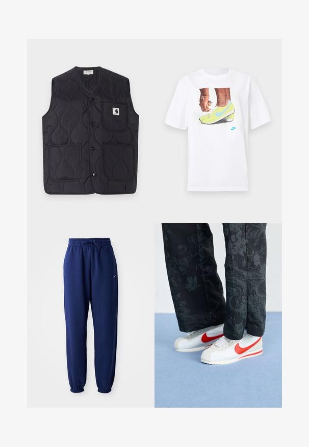 Κουρελιασμένο μαύρο γιλέκο φτιαγμένο από ανθεκτικό ύφασμα, διαθέτει κλείσιμο με κουμπί, τρεις τσέπες και ένα μικρό λογότυπο στη αριστερή πλευρά.; Λευκό βαμβακερό μπλουζάκι που απεικονίζει μια γραφική αναπαράσταση ποδιών με κίτρινα παπούτσια Nike και μπλε λεπτομέρειες, συνδυασμένο με ένα βραχιόλι στον αριστερό καρπό.; Σκούρες μπλέ φόρμες από μαλακό ύφασμα, με ελαστική μέση και κορδόνι, ελαστικές μανσέτες και ένα μικρό λευκό λογότυπο.; Λευκά αθλητικά παπούτσια Nike με κόκκινες λεπτομέρειες, σε συνδυασμό με μαύρο παντελόνι με φλοράλ σχέδιο. Η υφή είναι λεία με επίπεδη σόλα ύφανσης.