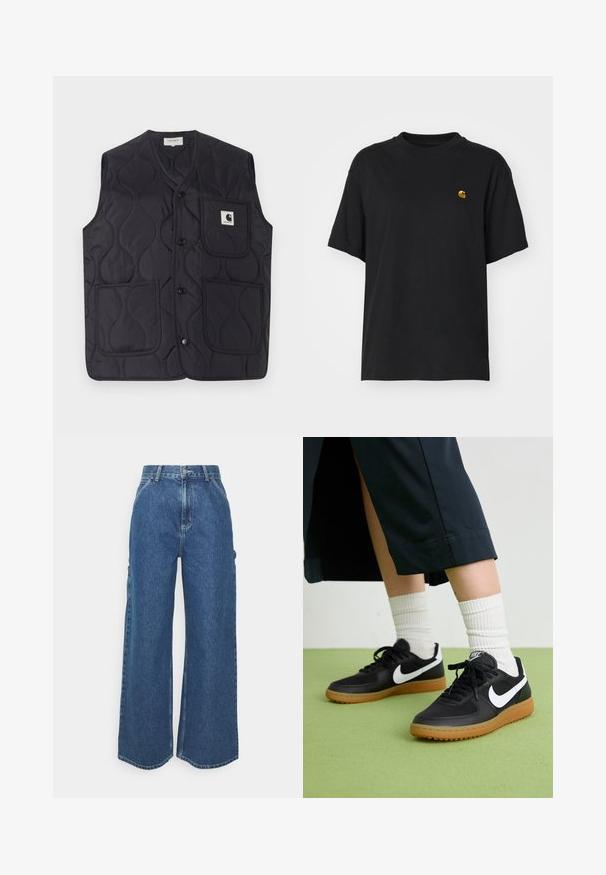 Colete preto acolchoado feito de tecido durável, com fecho de botão, três bolsos e um pequeno emblema com logo do lado esquerdo.; T-shirt de algodão preto com um corte descontraído. Apresenta um decote redondo e mangas curtas. Inclui um pequeno logotipo bordado a dourado no peito.; Calças de ganga azuis de perna larga com cintura alta, costuras em contraste e bolsos laterais, apresentando um design clássico de cinco bolsos e bainhas desfiadas.; Sapatilhas pretas em couro e sintético com o logo da Nike em branco, sola de borracha tipo goma, bico redondo e atacadores pretos. Meias brancas com frunces visíveis.