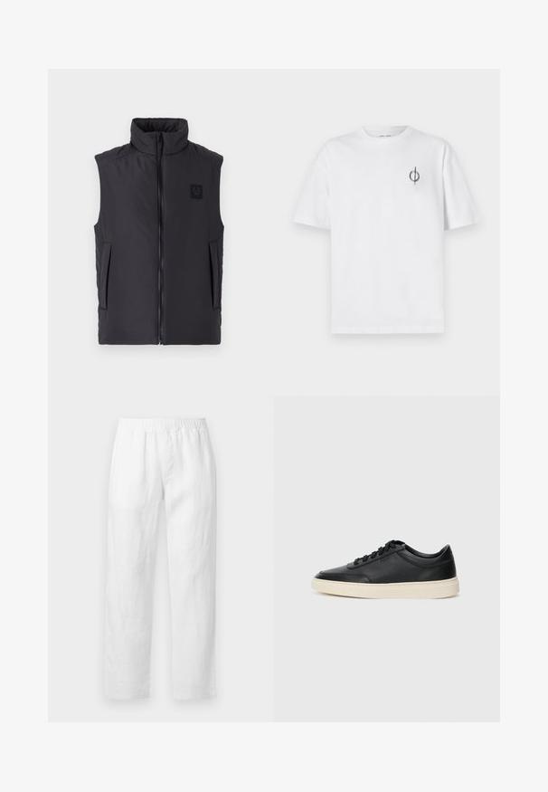 Juodas paklotas liemnys su aukštu apykakle, priekinis užtrauktukas ir dvi šoninės kišenės; turi logotipo pleistrą kairėje krūtinės vietoje.; Balta medvilninė marškinė su laisvu siluetu, su mažą juodą grafiką logotipą kairėje krūtinės pusėje. Trumpomis rankovėmis, apvaliu kaklu.; Baltos lino kelnės su elastiniu liemeniu, tiesių kojų piešiniu ir minkšta tekstūra be matomų raštų ar aparatūros detalių.; Juoda žema viršutinė odinė sportbačiai su juodais raišteliais ir kreminiu padu, pateikti šoniniame profilyje ant baltos fono.