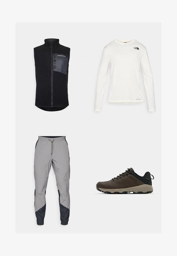 Gilet nero con colletto alto, realizzato in pile testurizzato. Presenta una chiusura frontale con zip e una tasca laterale in tessuto liscio con dettaglio del logo.; Camicia bianca a maniche lunghe con colletto tondo, tessuto testurizzato, logo nero sulla spalla sinistra e branding sottile sul fondo.; Pantaloni sportivi leggeri grigi con accenti neri. Vita elastica, chiusura con cordino, design a gamba affusolata e tasche laterali.; Sneakers impermeabili marroni con tomaia testurizzata, dettagli perforati, supporto al tallone nero e suola in gomma grigia. I lacci sono decorati con estremità metalliche.