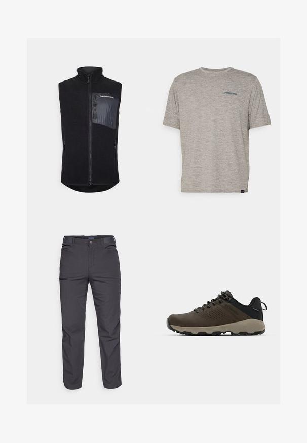Chaleco negro con cuello alto, fabricado en forro polar texturizado. Presenta un cierre frontal con cremallera y un bolsillo lateral en tela lisa con detalle de logotipo.; Camiseta gris de manga corta hecha de una tela suave y texturizada, que presenta un pequeño logotipo azul de Patagonia en el lado izquierdo del pecho. Sin patrones adicionales.; Pantalones oscuros de color gris, hechos de un tejido duradero, que cuentan con un bolsillo con cremallera, corte recto y trabillas para cinturón para un ajuste ajustable.; Zapatillas impermeables marrones con parte superior texturizada, acentos perforados, soporte para el talón negro y suela de goma gris. Los cordones tienen extremos metálicos.