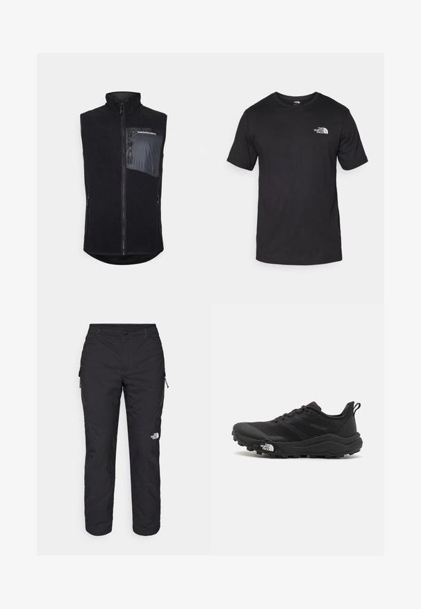 Chaleco negro con cuello alto, fabricado en forro polar texturizado. Presenta un cierre frontal con cremallera y un bolsillo lateral en tela lisa con detalle de logotipo.; Camiseta negra de manga corta, hecha de algodón, con un cuello redondo y un pequeño logo blanco en la parte superior izquierda del pecho.; The North Face WINTER EXPLORATION TAPERED CARGO - Pantalones montañeros largos - black; Zapatilla de trail running negra con upper texturizado, suela de goma y puntera reforzada. Presenta un collar acolchado y una lengüeta para poner y quitar fácilmente.