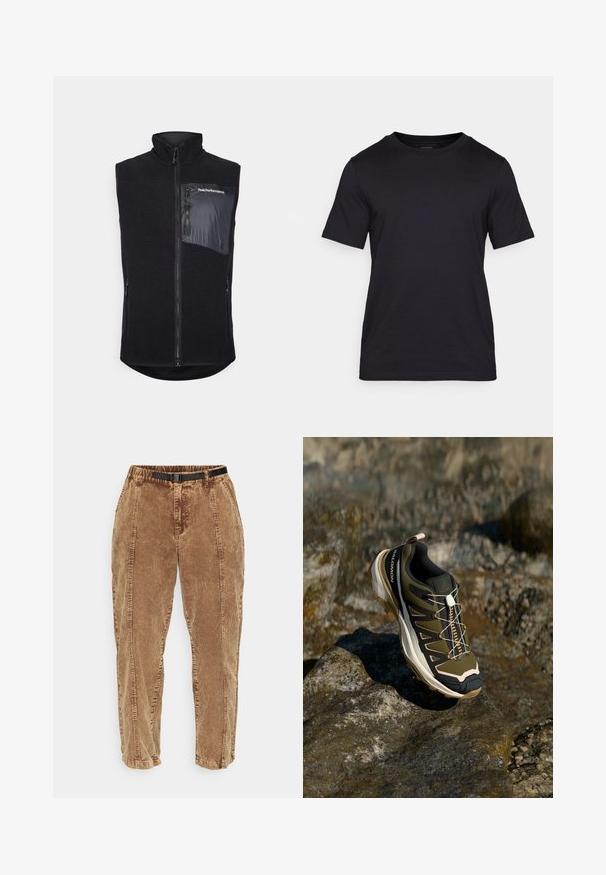 Fekete mellény magas gallérral, texturált fleece-ből készült. Cipzáras elülső résszel és sima anyagú oldalsó zsebbel rendelkezik, logó részlettel.; Fekete póló sima anyagból, kerek nyakkivágással és rövid ujjakkal. Diszkrét fekete márkajelzés található a mellkason.; Barna kordbársony nadrág, texturált felülettel, fekete állítható övvel, oldalzsebekkel és kényelmes fazonnal. A nadrág a bokák felé szűkül.; Olívazöld és fekete túrabakancs rózsaszín részletekkel. Jellemzői közé tartozik a texturált felsőrész, a rugalmas talp, a megerősített orr- és a színes fűzőrendszer.