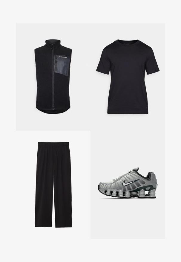 Chaleco negro con cuello alto, fabricado en forro polar texturizado. Presenta un cierre frontal con cremallera y un bolsillo lateral en tela lisa con detalle de logotipo.; Camiseta negra de tela lisa, con cuello redondo y mangas cortas. Marca sutil impresa en negro en el pecho.; Pantalones de pierna ancha negros con frente plisado, bolsillos laterales y una textura de tela suave. Diseñados para un ajuste relajado.; Zapatilla de running Nike en gris y negro con amortiguación visible tipo resorte debajo de la suela y un logo de swoosh blanco en el lateral.