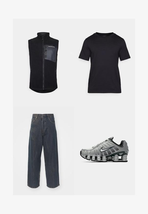 Black vest with a high collar, made of textured fleece. Features a zippered front and a side pocket in smooth fabric with logo detail.; Black T-shirt made of smooth fabric, featuring a crew neckline and short sleeves. Subtle branding printed in black on the chest.; Wide-leg dark blue denim jeans with subtle distressed texture, five pockets, and a classic button and zipper closure at the waist.; Grey and black Nike running shoe with visible spring-like cushioning under the sole and a white swoosh logo on the side.