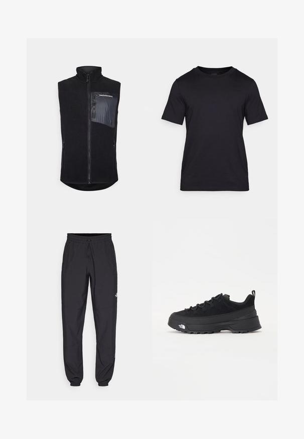 Colete preto com gola alta, feito de fleece texturizado. Apresenta um fecho zippered à frente e um bolso lateral em tecido liso com detalhe do logo.; T-shirt preta feita de tecido liso, com decote redondo e mangas curtas. Logotipo discreto impresso em preto no peito.; Calças atléticas pretas feitas de tecido leve, com um cós ajustável por cordão, bolsos laterais e punhos afunilados nos tornozelos.; Sapatilha de exterior preta com parte superior em camurça, sola de borracha texturizada e sistema de atacadores robusto. Apresenta um calcanhar reforçado e o logótipo da marca na lateral.
