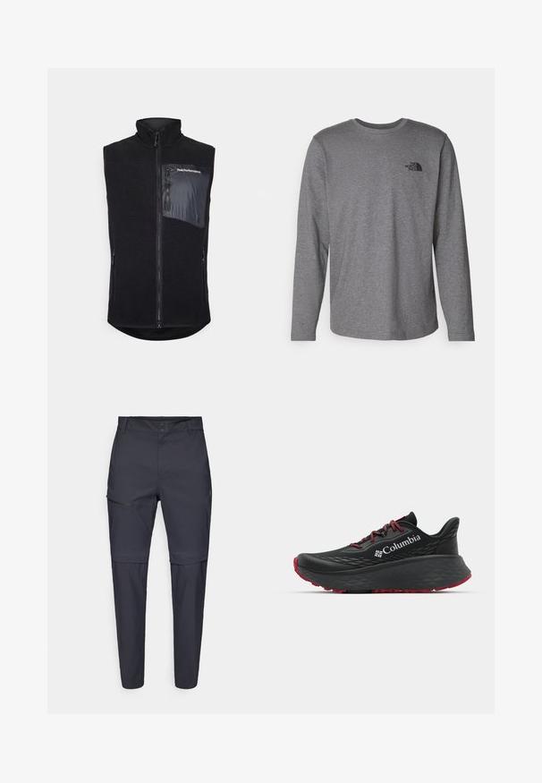 Černá vesta s vysokým límcem, vyrobená z texturovaného fleecu. Má zapínání na zip vepředu a boční kapsu z hladké látky s detailem loga.; The North Face M L/S SIMPLE DOME TEE - Top s dlouhým rukávem - medium grey heather; Námořnické modré, lehké kalhoty se zipovou kapsou na stehně a rovnými nohavicemi; vyrobené z měkké, odolné tkaniny.; Černá sportovní bota s texturovaným svrškem, červenými tkaničkami a logem. Silná podrážka s vzorovaným dezénem pro lepší trakci. Minimalistický design, boční pohled.