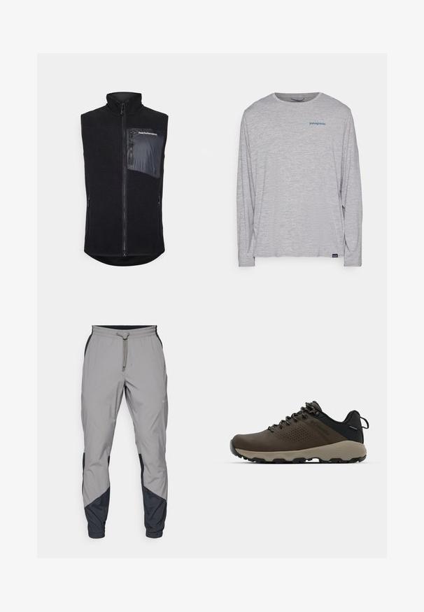 Svart vest med høy krage, laget av teksturert fleece. Har glidelås foran og en sidelomme i glatt stoff med logo-detaler.; Lys grå langermet t-skjorte laget av myk, teksturert stoff. Har rund hals og en liten blå Patagonia-logo på brystet.; Lettvektige, grå treningsbukser med svarte detaljer. Elastisk midjebånd, snøring, tapered benedesign og sidelommer.; Brune vanntette joggesko med teksturert overdel, perforerte detaljer, svart hæl støtte og en grå gummisåle. Snøring er stilisert med metalliske ender.