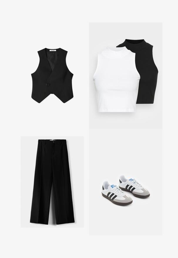 Črn brezrokavnik z oblekom, enojnim vijoličnim gumbom in teksturirano tkanino z gladko notranjo podlogo.; Dva brezrokavniki z rebrasto turtleneck gorami v črni in beli barvi, z oblikovanim dizajnom in gladko teksturo, v skrajšani dolžini.; Črne široke hlače iz lahkega materiala, z zapiranjem na gumb spredaj in ravnim sprednjim delom, s skrbno zašiti robovi.; Športni čevlji z belim usnjenim zgornjim delom, sivim semišem na prstih in tremi črnimi črtami. Imajo modro logo na jeziku in teksturiran gumijast podplat.