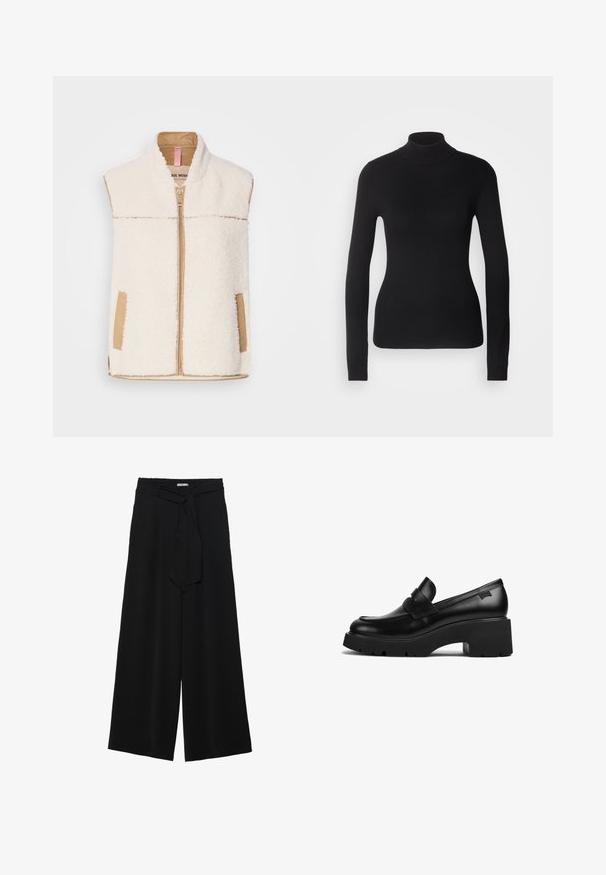 Kreppādas krēma krāsas veste ar beigetoni rāvējslēdzēju, apkakli un sānu kabatām, kurai ir gluda auduma apdare kontrastam un faktūrai.; Melnā augsta apkakle džemperis, kas izgatavots no viegla adīšanas auduma. Tam ir garas piedurknes, pieguļoša silueta un mīksta ribota tekstūra.; Melni platleņķa bikses ar teksturētu audumu, elastīgu jostu un noņemamu siksnu viduklī, kas nodrošina regulējamu piegulšanu.; Melnas ādas chunky papēža loafers ar biezu zoli un siksniņas detaļu pāri augšai, attēlots no sāna uz baltas fona.