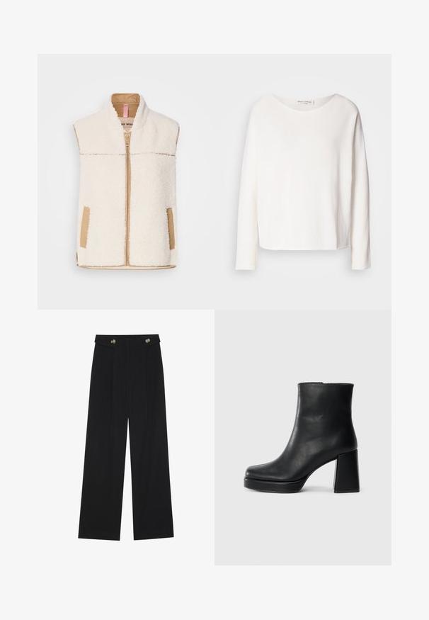Colete de pelúcia creme com fecho dianteiro bege, colarinho e bolsos laterais, apresentando um acabamento de tecido liso para contraste e textura.; Top de manga longa, com decote redondo, em tecido branco leve e suave com um ajuste relaxado. Apresenta uma bainha limpa e sem hardware visível.; Calças largas pretas com cintura alta, detalhes em botão na cintura e pregas frontais.; Bota de couro preta até ao tornozelo com salto bloco e sola com plataforma, vista de lado sobre um fundo branco liso.